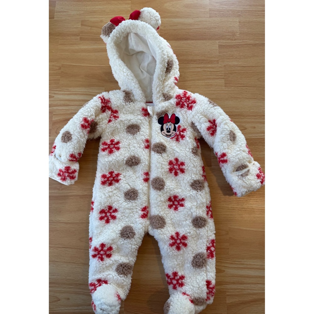 Disney Minnie Mouse Baby 9M Sherpa Fleece Snowsuit Bunting Ivory Red Hooded